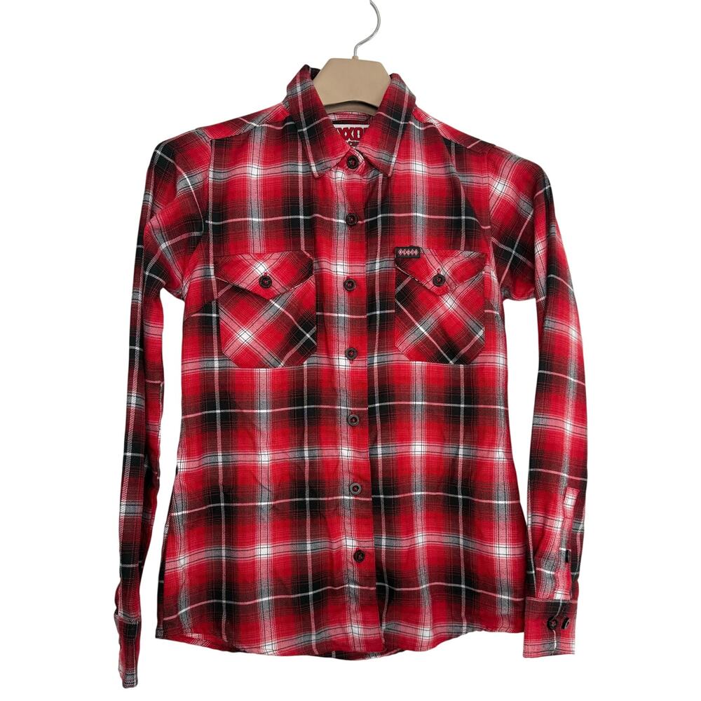 Dixxon Flannel Co. Klock Werks Button Up Shirt Womens Size SMALL Plaid Black Red